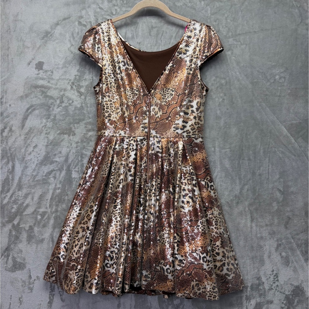 Betsey Johnson Sequins Animal Print Fit Flare Dress Brown Leopard  Size 12 - Picture 2 of 11